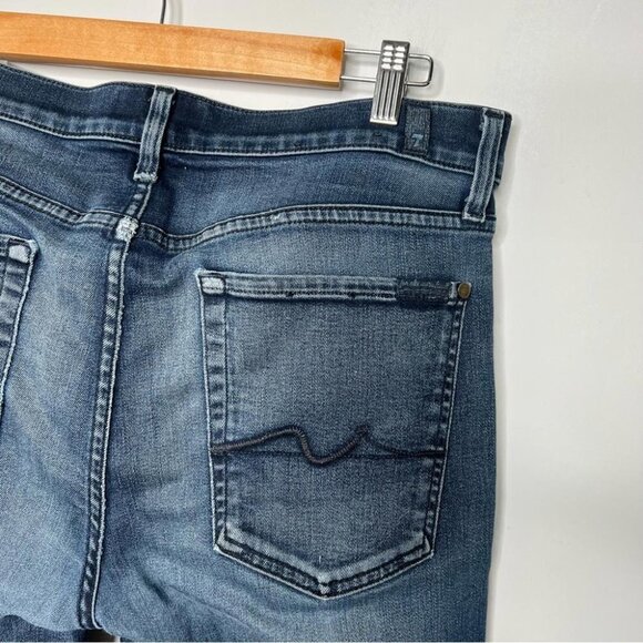 7 For All Mankind Mens Size 33 Slimmy Jeans FLAW Distressed Denim Dark Wash - Picture 8 of 13